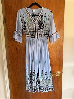 Sky Blue Embroidered Midi Dress with Multicolor Accents